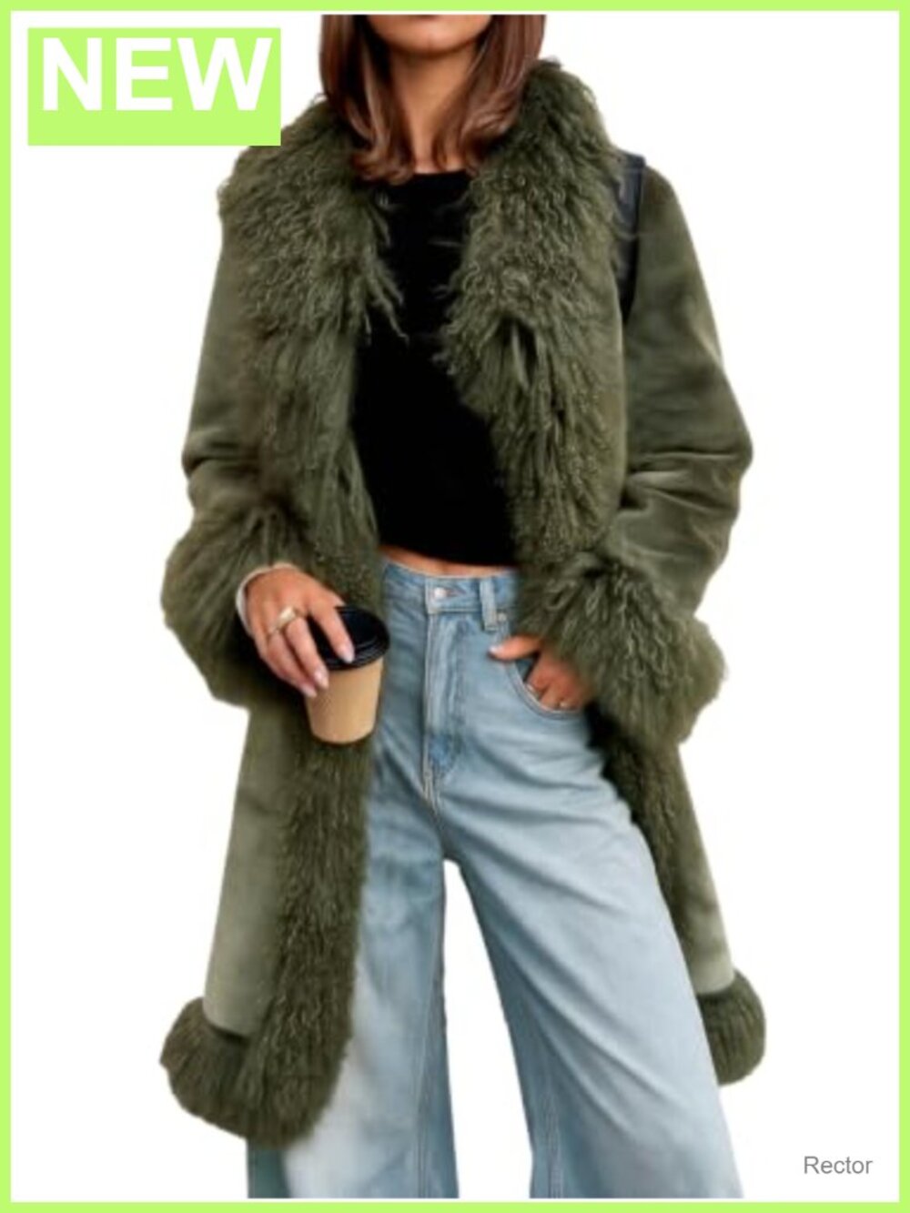 Womens Faux Fur Coat Fuzzy Trim Warm Winter Outerwear